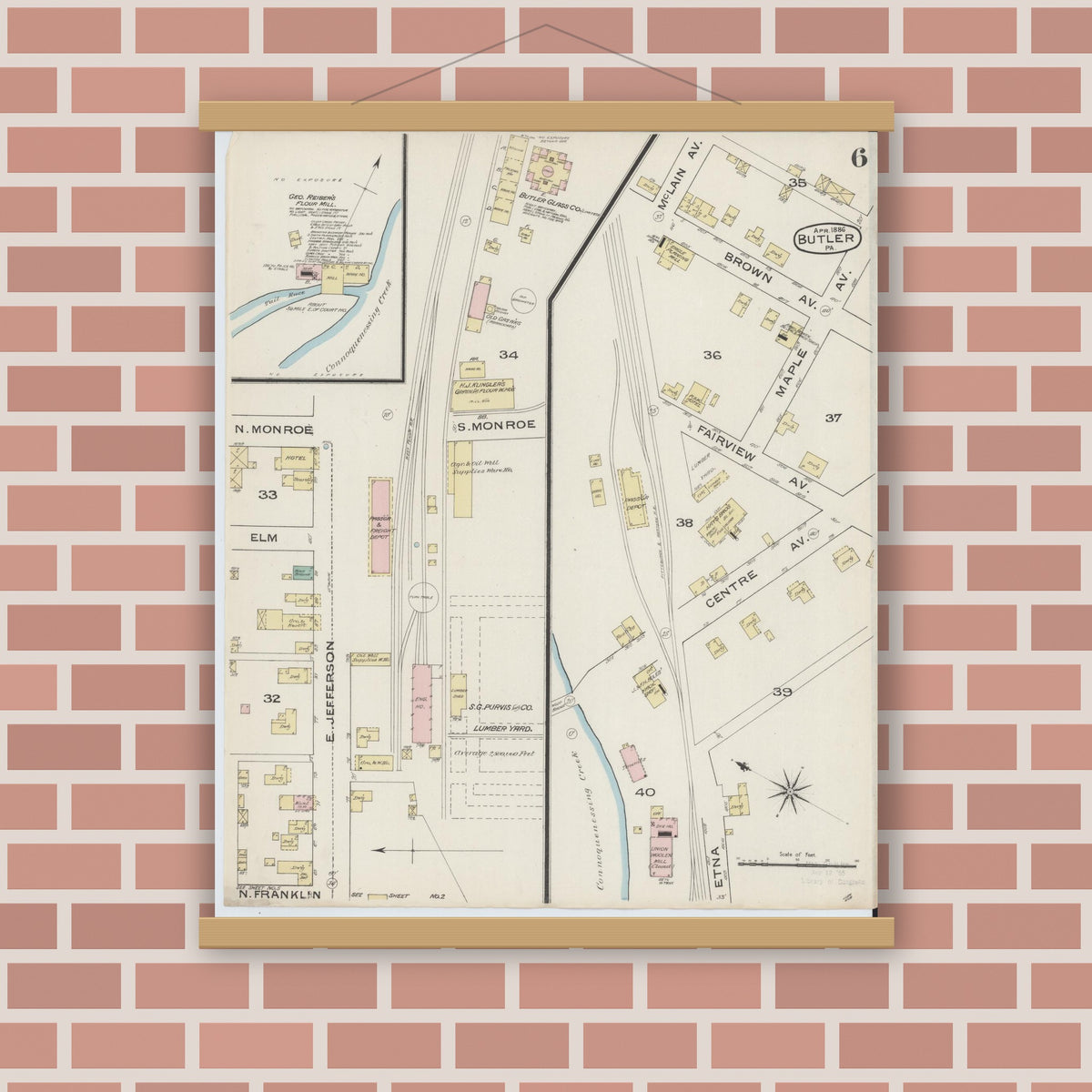 Old map wall art mockup — magnetic wood frame on brick wall — Sanborn Fire Insurance Map from Butler, Butler County, Pennsylvania (1886), Sheet #0006
