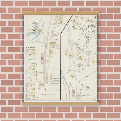 Old map wall art mockup — magnetic wood frame on brick wall — Sanborn Fire Insurance Map from Butler, Butler County, Pennsylvania (1886), Sheet #0006