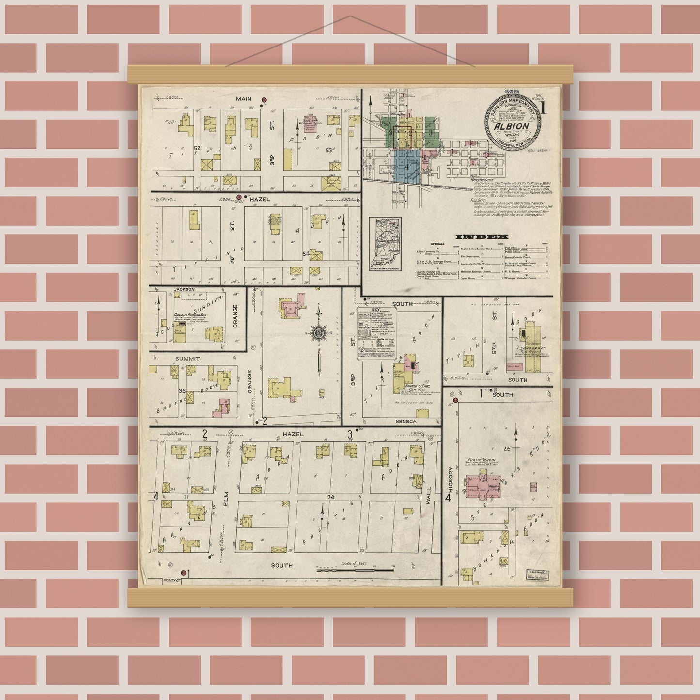 Old map wall art mockup — magnetic wood frame on brick wall — Sanborn Fire Insurance Map from Albion, Noble County, Indiana (1914), Sheet #0001