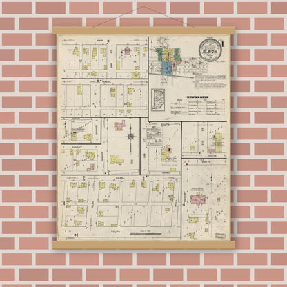 Old map wall art mockup — magnetic wood frame on brick wall — Sanborn Fire Insurance Map from Albion, Noble County, Indiana (1914), Sheet #0001