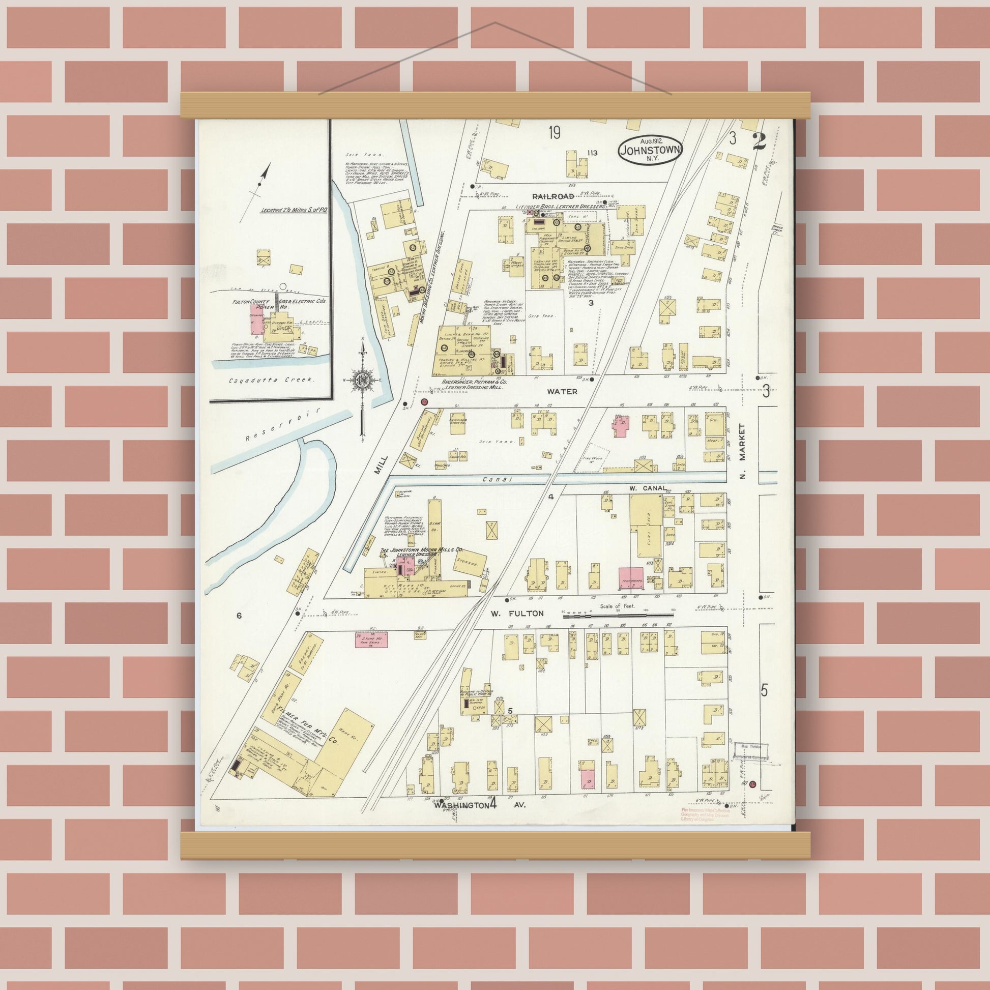 Old map wall art mockup — magnetic wood frame on brick wall — Sanborn Fire Insurance Map from Johnstown, Fulton County, New York (1912) - Complete Map Set