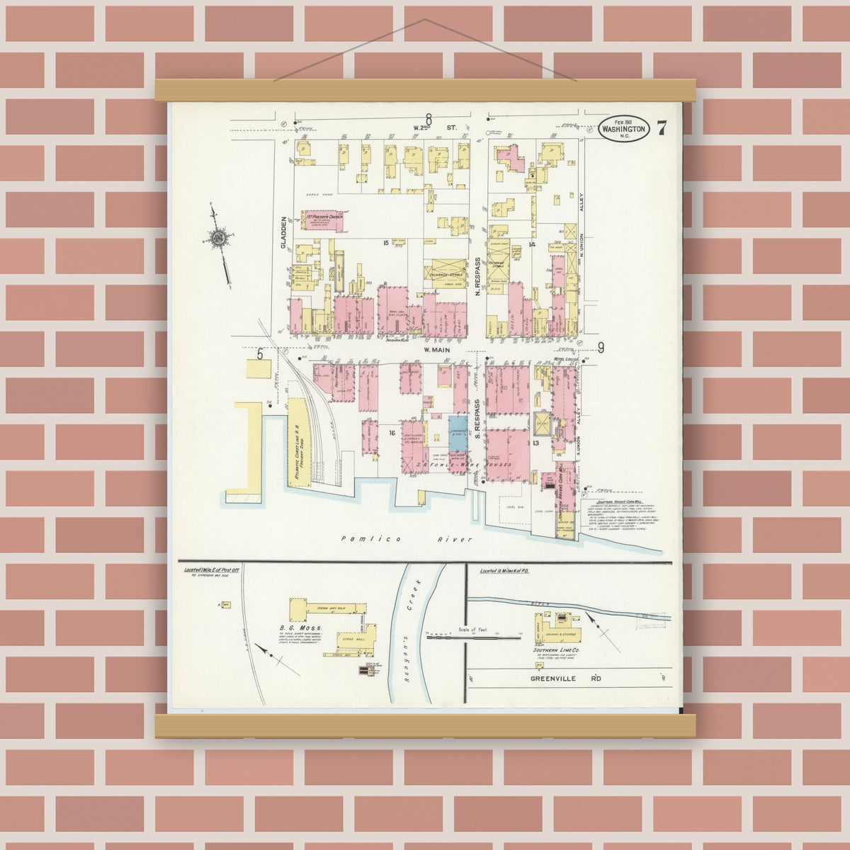 Old map wall art mockup — magnetic wood frame on brick wall — Sanborn Fire Insurance Map from Washington, Beaufort County, North Carolina (1911), Sheet #0007
