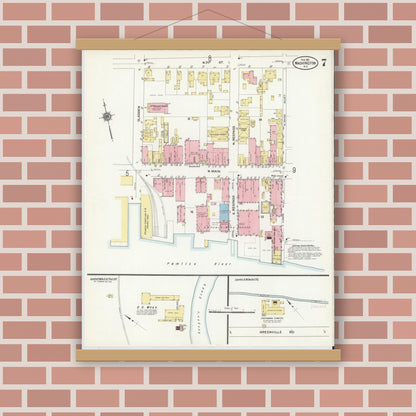 Old map wall art mockup — magnetic wood frame on brick wall — Sanborn Fire Insurance Map from Washington, Beaufort County, North Carolina (1911), Sheet #0007