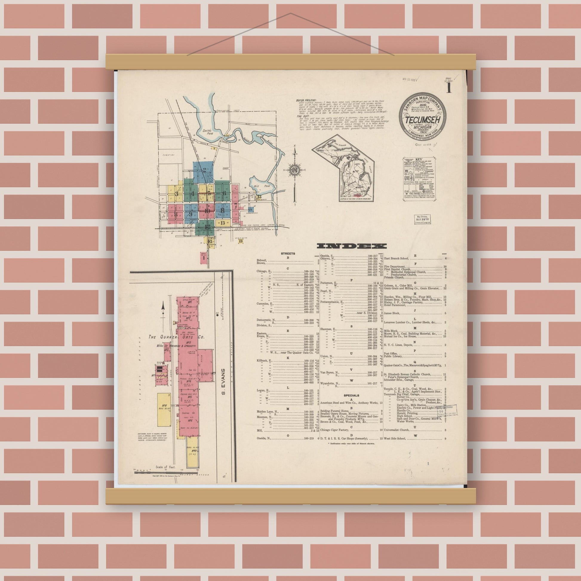 Old map wall art mockup — magnetic wood frame on brick wall — Sanborn Fire Insurance Map from Tecumseh, Lenawee County, Michigan (1922), Sheet #0001
