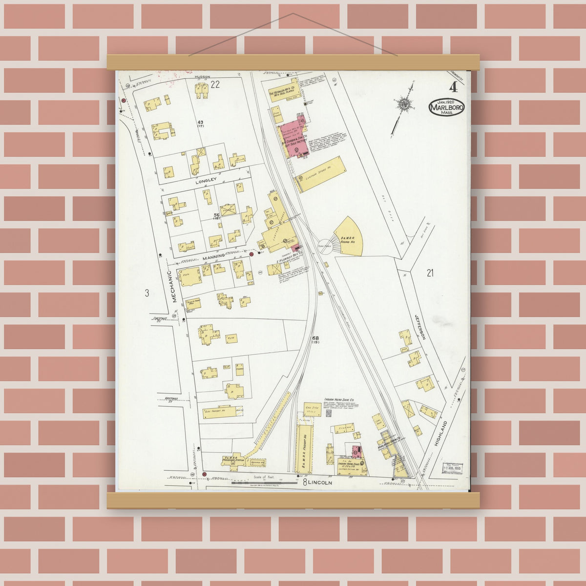Old map wall art mockup — magnetic wood frame on brick wall — Sanborn Fire Insurance Map from Marlborough, Middlesex County, Massachusetts (1920), Sheet #0004