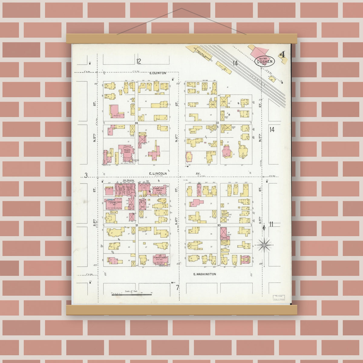 Old map wall art mockup — magnetic wood frame on brick wall — Sanborn Fire Insurance Map from Goshen, Elkhart County, Indiana (1901), Sheet #0004