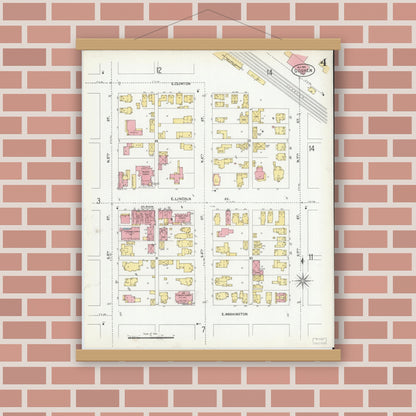 Old map wall art mockup — magnetic wood frame on brick wall — Sanborn Fire Insurance Map from Goshen, Elkhart County, Indiana (1901), Sheet #0004