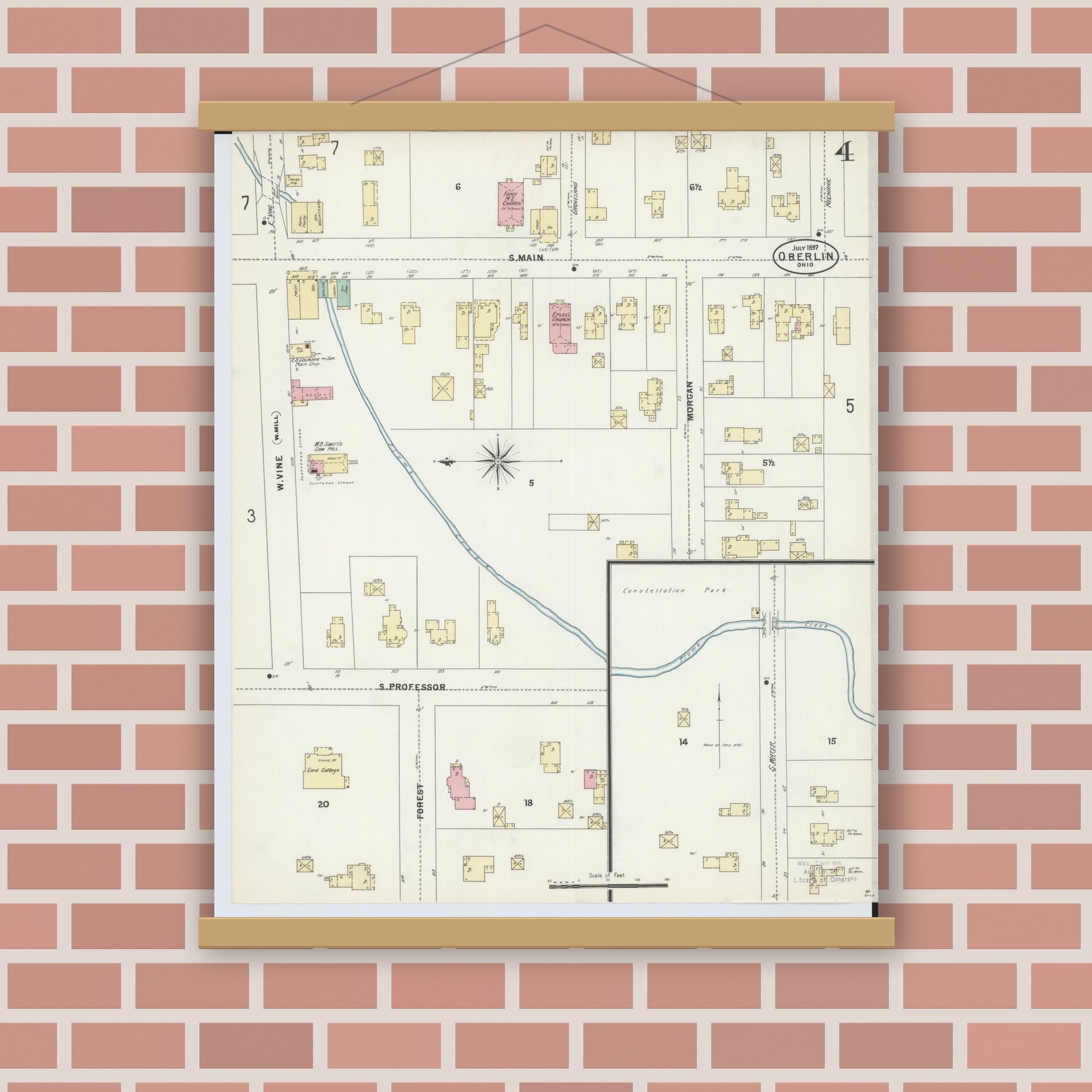 Old map wall art mockup — magnetic wood frame on brick wall — Sanborn Fire Insurance Map from Oberlin, Lorain County, Ohio (1897), Sheet #0004