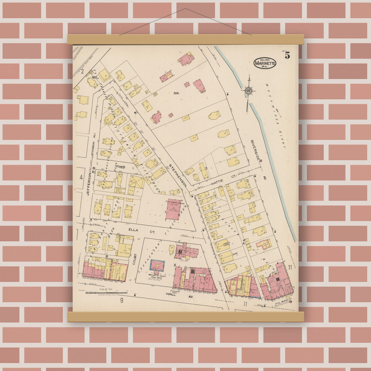 Old map wall art mockup — magnetic wood frame on brick wall — Sanborn Fire Insurance Map from Marinette, Marinette County, Wisconsin (1921), Sheet #0005