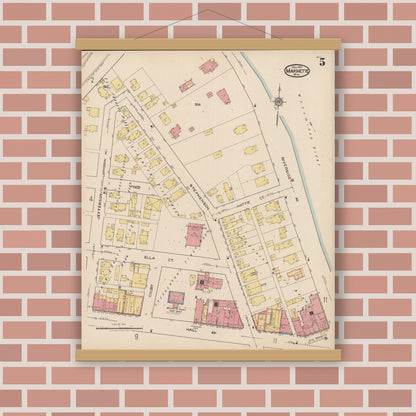 Old map wall art mockup — magnetic wood frame on brick wall — Sanborn Fire Insurance Map from Marinette, Marinette County, Wisconsin (1921), Sheet #0005