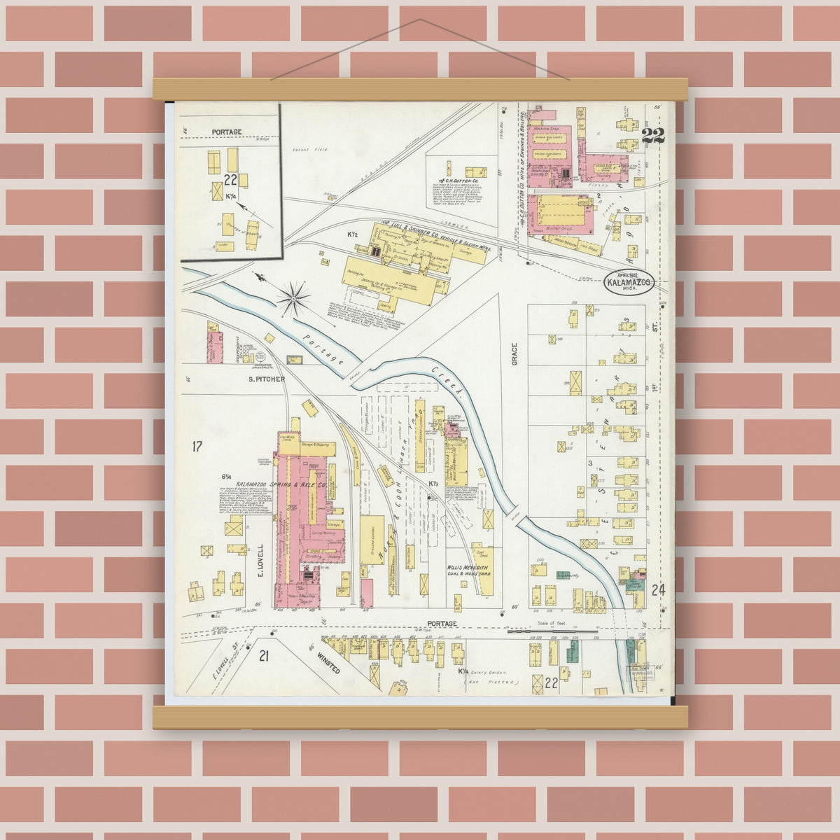 Old map wall art mockup — magnetic wood frame on brick wall — Sanborn Fire Insurance Map from Kalamazoo, Kalamazoo County, Michigan (1902), Sheet #0022