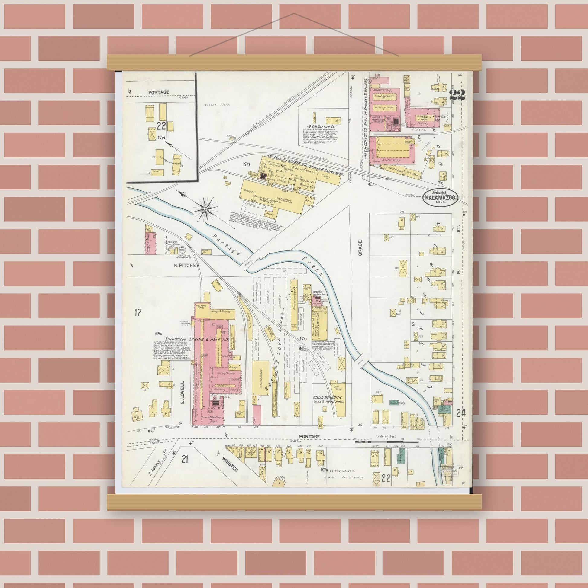 Old map wall art mockup — magnetic wood frame on brick wall — Sanborn Fire Insurance Map from Kalamazoo, Kalamazoo County, Michigan (1902), Sheet #0022