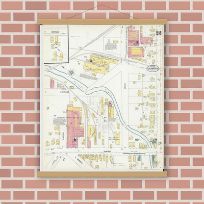 Old map wall art mockup — magnetic wood frame on brick wall — Sanborn Fire Insurance Map from Kalamazoo, Kalamazoo County, Michigan (1902), Sheet #0022