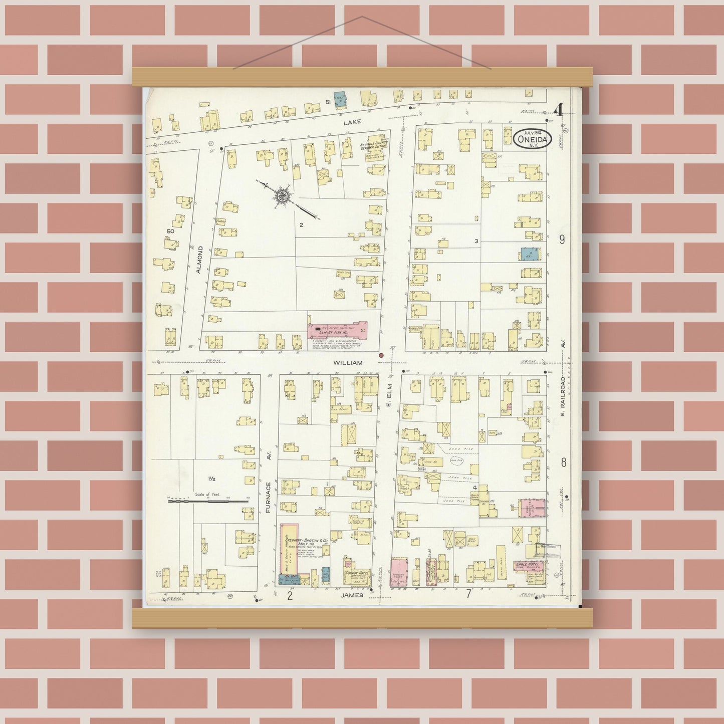Old map wall art mockup — magnetic wood frame on brick wall — Sanborn Fire Insurance Map from Oneida, Madison County, New York (1914), Sheet #0004
