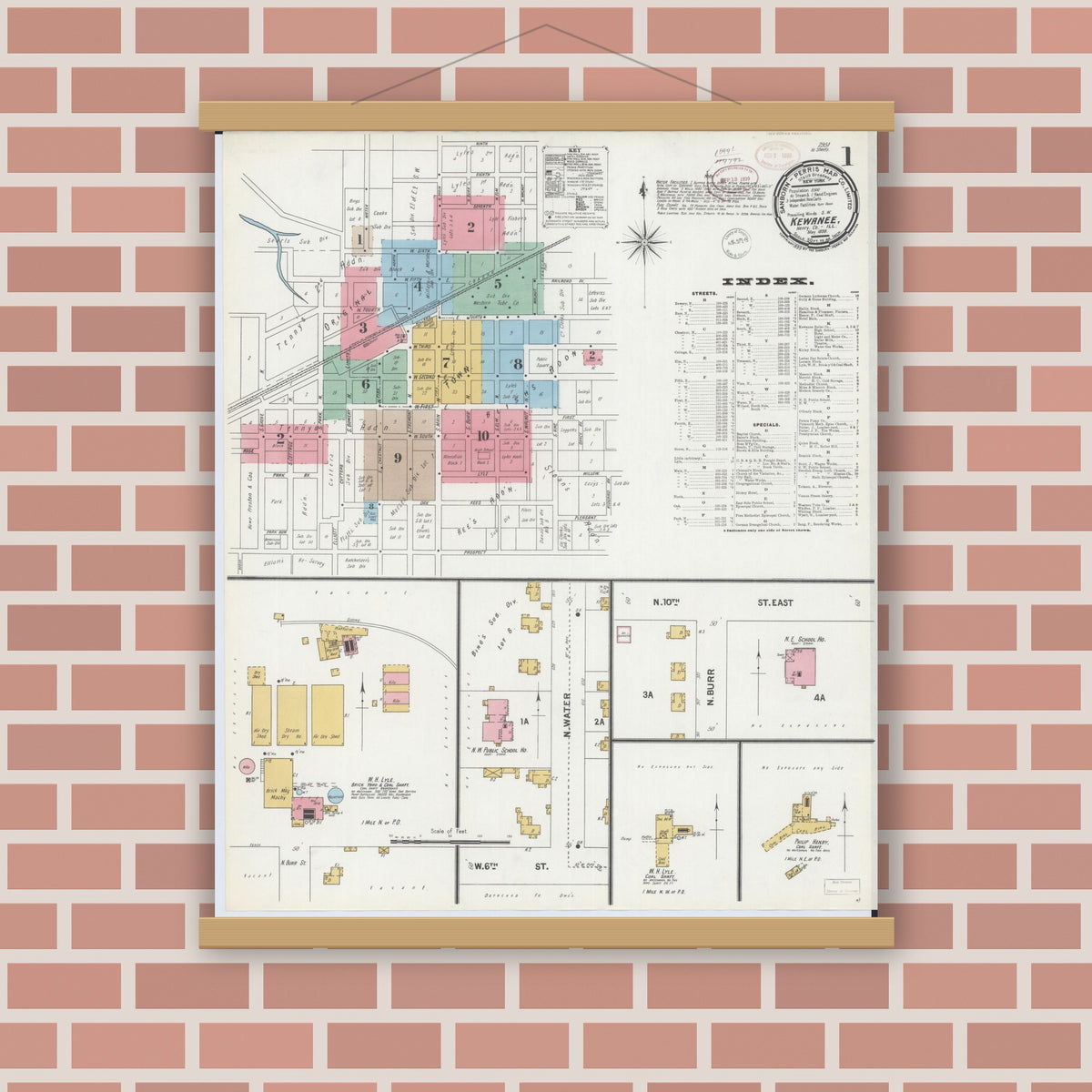 Old map wall art mockup — magnetic wood frame on brick wall — Sanborn Fire Insurance Map from Kewanee, Henry County, Illinois (1899), Sheet #0001