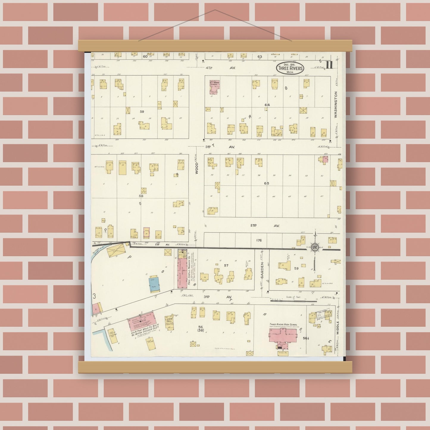 Old map wall art mockup — magnetic wood frame on brick wall — Sanborn Fire Insurance Map from Three Rivers, Saint Joseph County, Michigan (1916), Sheet #0011