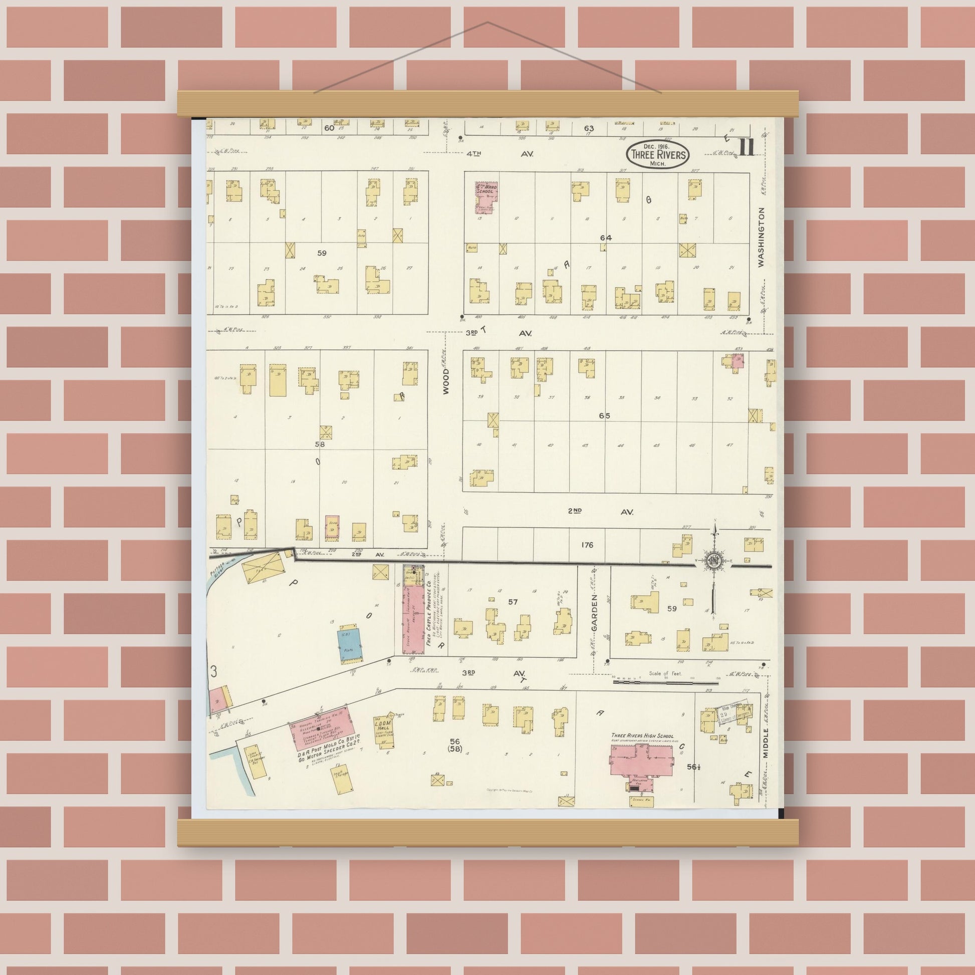 Old map wall art mockup — magnetic wood frame on brick wall — Sanborn Fire Insurance Map from Three Rivers, Saint Joseph County, Michigan (1916), Sheet #0011