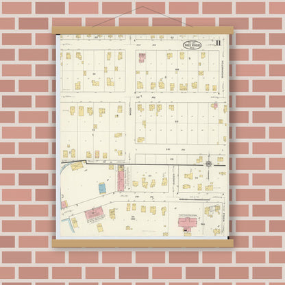 Old map wall art mockup — magnetic wood frame on brick wall — Sanborn Fire Insurance Map from Three Rivers, Saint Joseph County, Michigan (1916), Sheet #0011