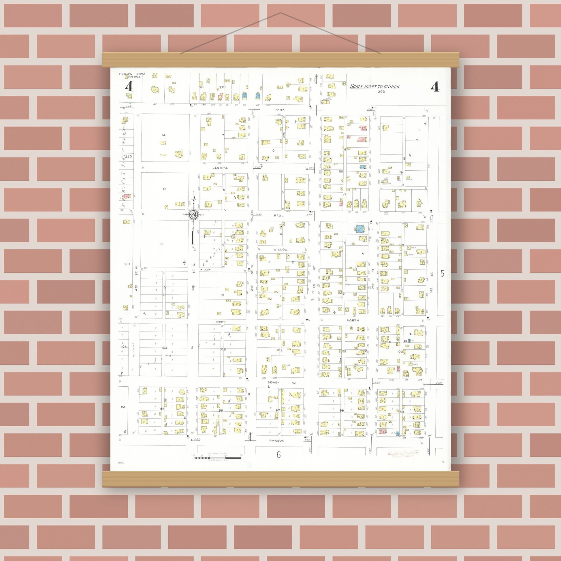 Old map wall art mockup — magnetic wood frame on brick wall — Sanborn Fire Insurance Map from Perry, Dallas County, Iowa (1933), Sheet #0004