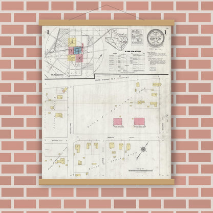 Old map wall art mockup — magnetic wood frame on brick wall — Sanborn Fire Insurance Map from Dayton, Liberty County, Texas (1927) - Complete Map Set