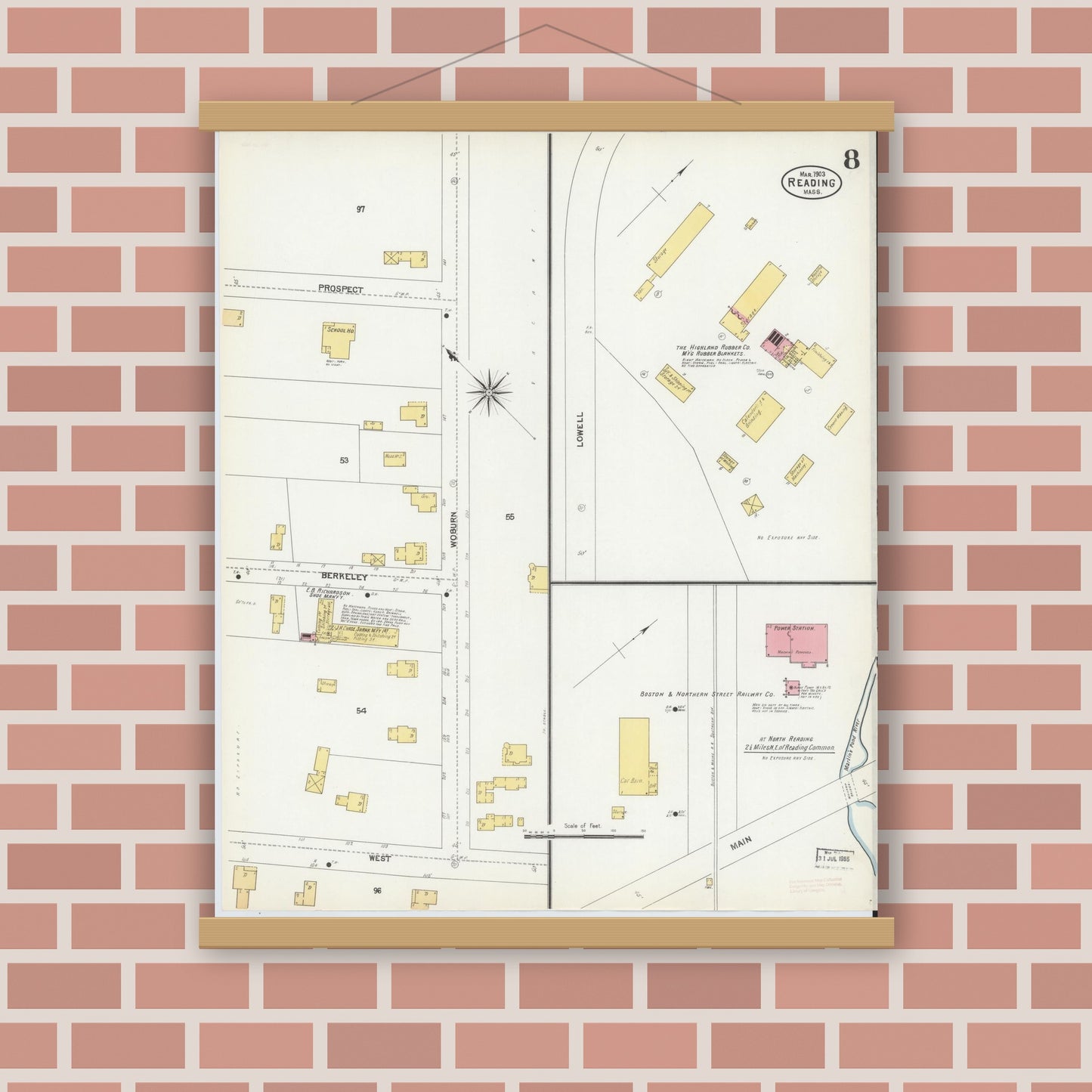 Old map wall art mockup — magnetic wood frame on brick wall — Sanborn Fire Insurance Map from Reading, Middlesex County, Massachusetts (1903), Sheet #0008