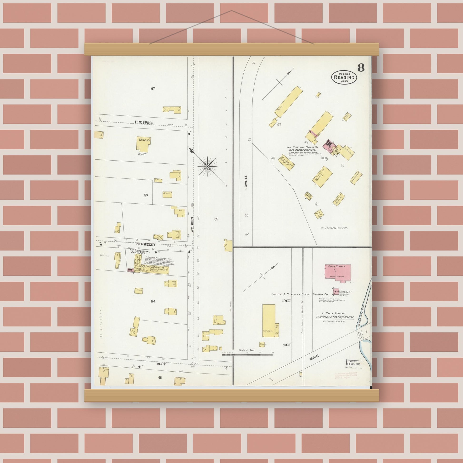 Old map wall art mockup — magnetic wood frame on brick wall — Sanborn Fire Insurance Map from Reading, Middlesex County, Massachusetts (1903), Sheet #0008