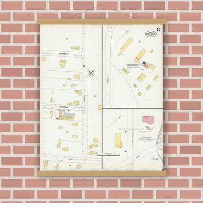 Old map wall art mockup — magnetic wood frame on brick wall — Sanborn Fire Insurance Map from Reading, Middlesex County, Massachusetts (1903), Sheet #0008