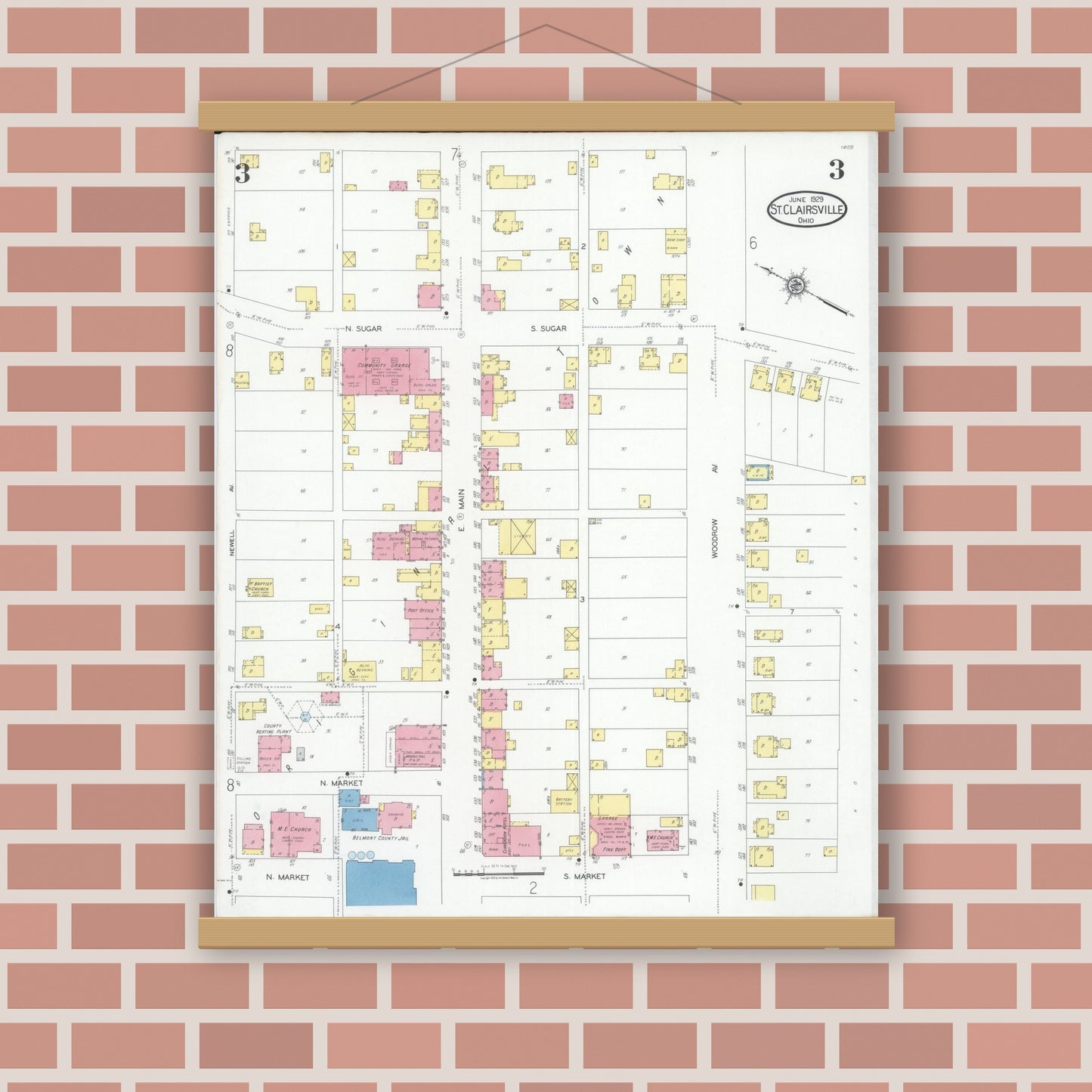 Old map wall art mockup — magnetic wood frame on brick wall — Sanborn Fire Insurance Map from Saint Clairsville, Belmont County, Ohio (1929), Sheet #0003