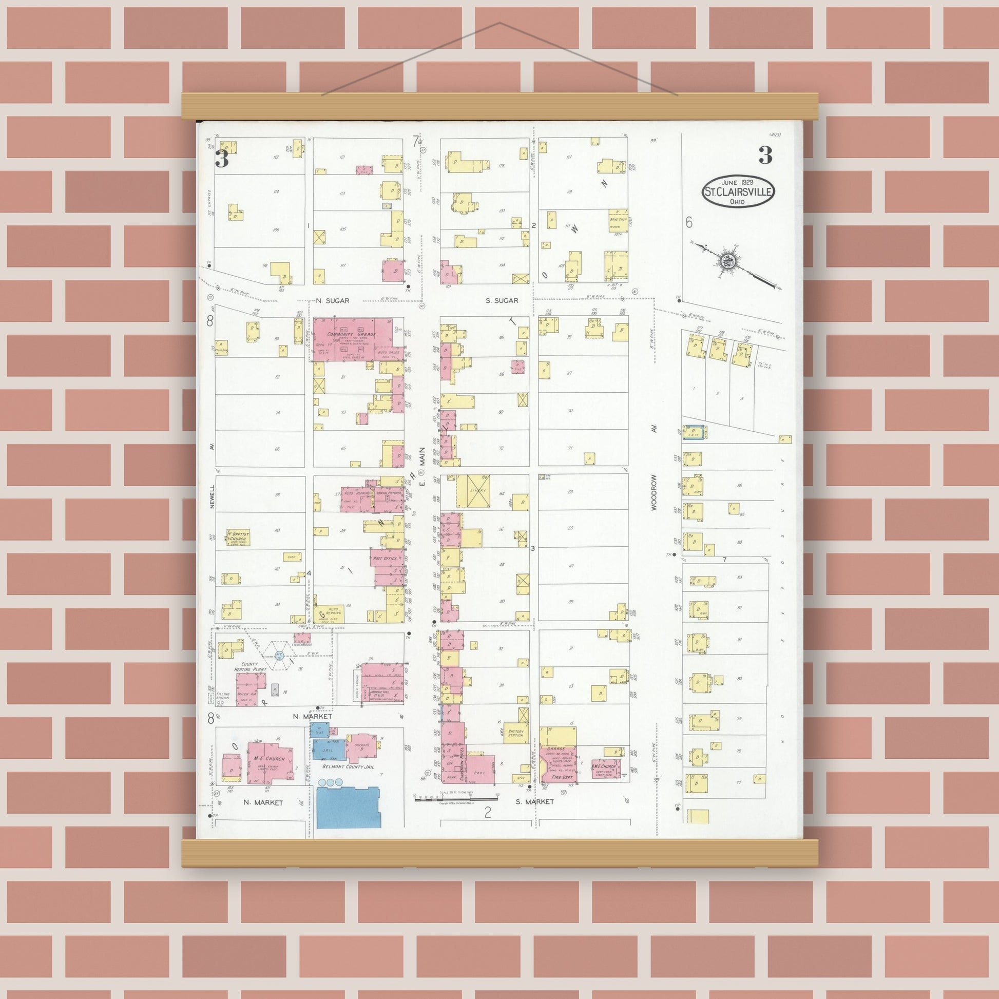 Old map wall art mockup — magnetic wood frame on brick wall — Sanborn Fire Insurance Map from Saint Clairsville, Belmont County, Ohio (1929), Sheet #0003
