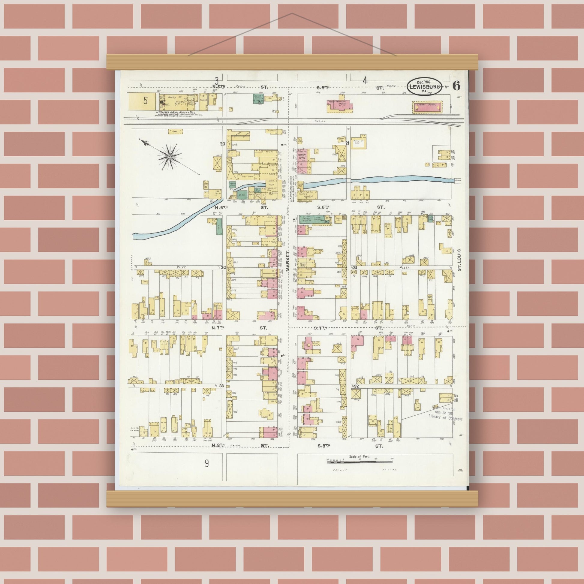 Old map wall art mockup — magnetic wood frame on brick wall — Sanborn Fire Insurance Map from Lewisburg, Union County, Pennsylvania (1906), Sheet #0006
