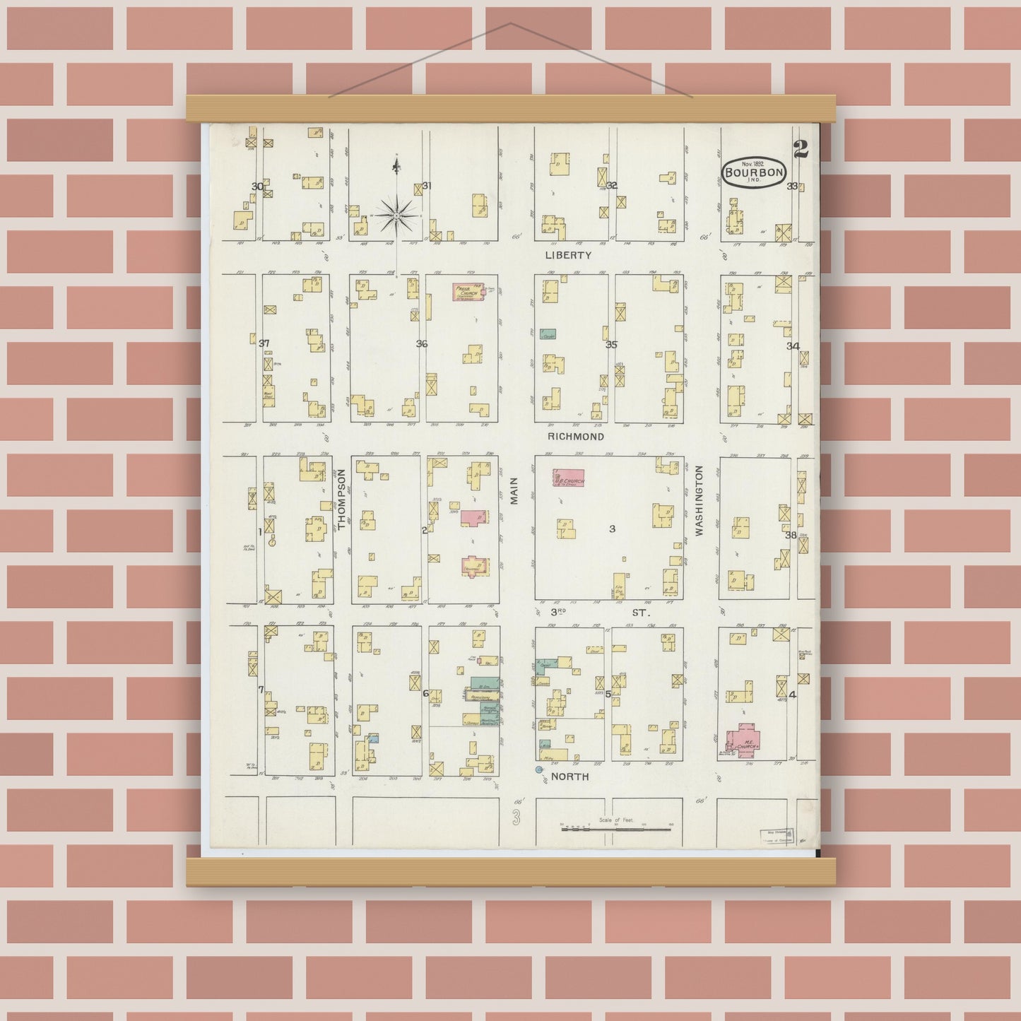 Old map wall art mockup — magnetic wood frame on brick wall — Sanborn Fire Insurance Map from Bourbon, Marshall County, Indiana (1892), Sheet #0002