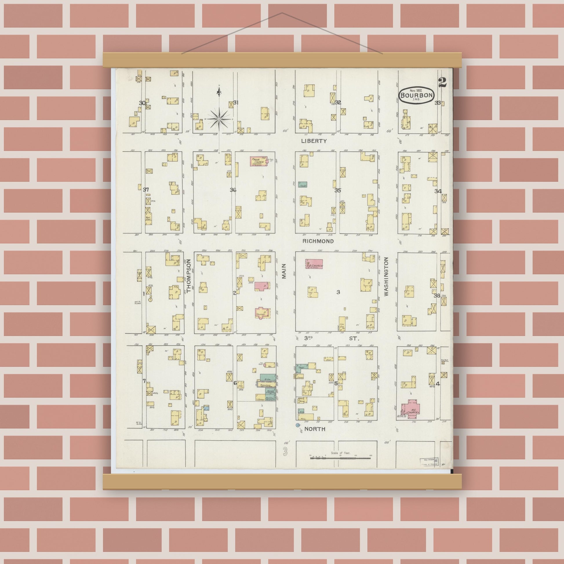 Old map wall art mockup — magnetic wood frame on brick wall — Sanborn Fire Insurance Map from Bourbon, Marshall County, Indiana (1892), Sheet #0002