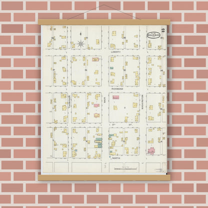 Old map wall art mockup — magnetic wood frame on brick wall — Sanborn Fire Insurance Map from Bourbon, Marshall County, Indiana (1892), Sheet #0002