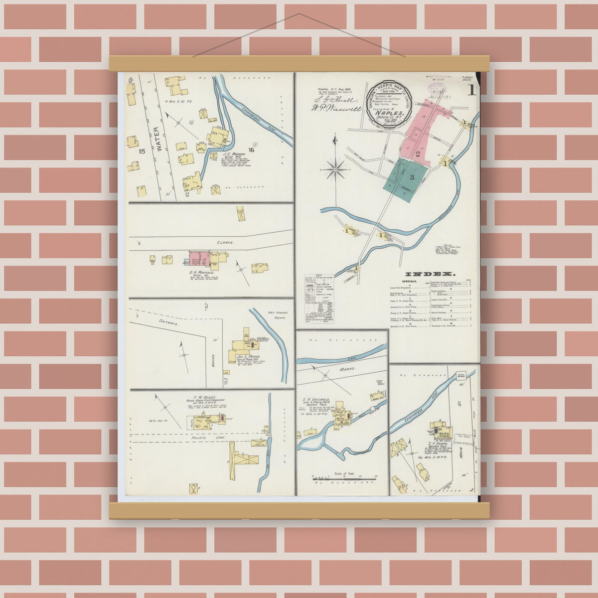 Old map wall art mockup — magnetic wood frame on brick wall — Sanborn Fire Insurance Map from Naples, Ontario County, New York (1893) - Complete Map Set