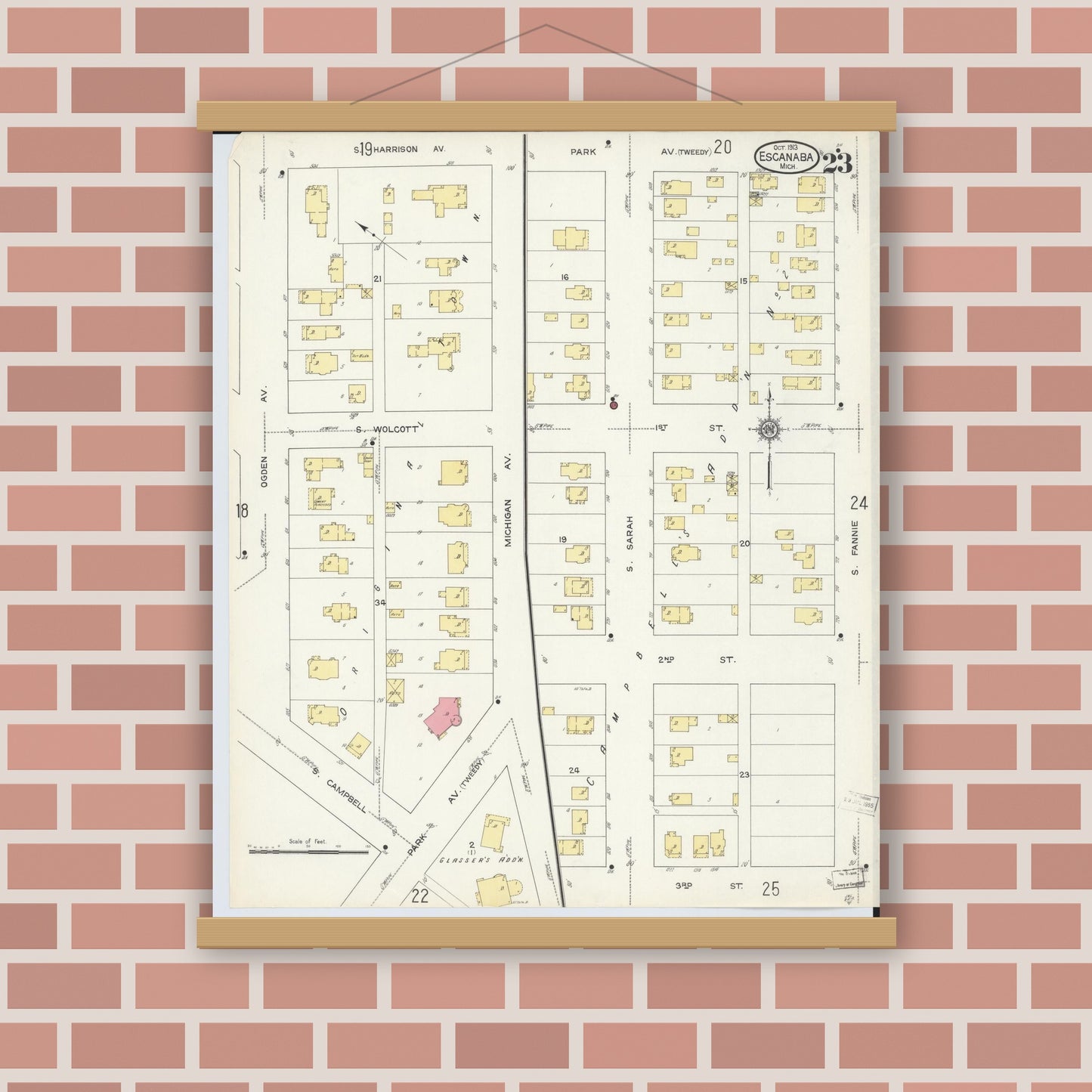 Old map wall art mockup — magnetic wood frame on brick wall — Sanborn Fire Insurance Map from Escanaba, Delta County, Michigan (1913), Sheet #0023