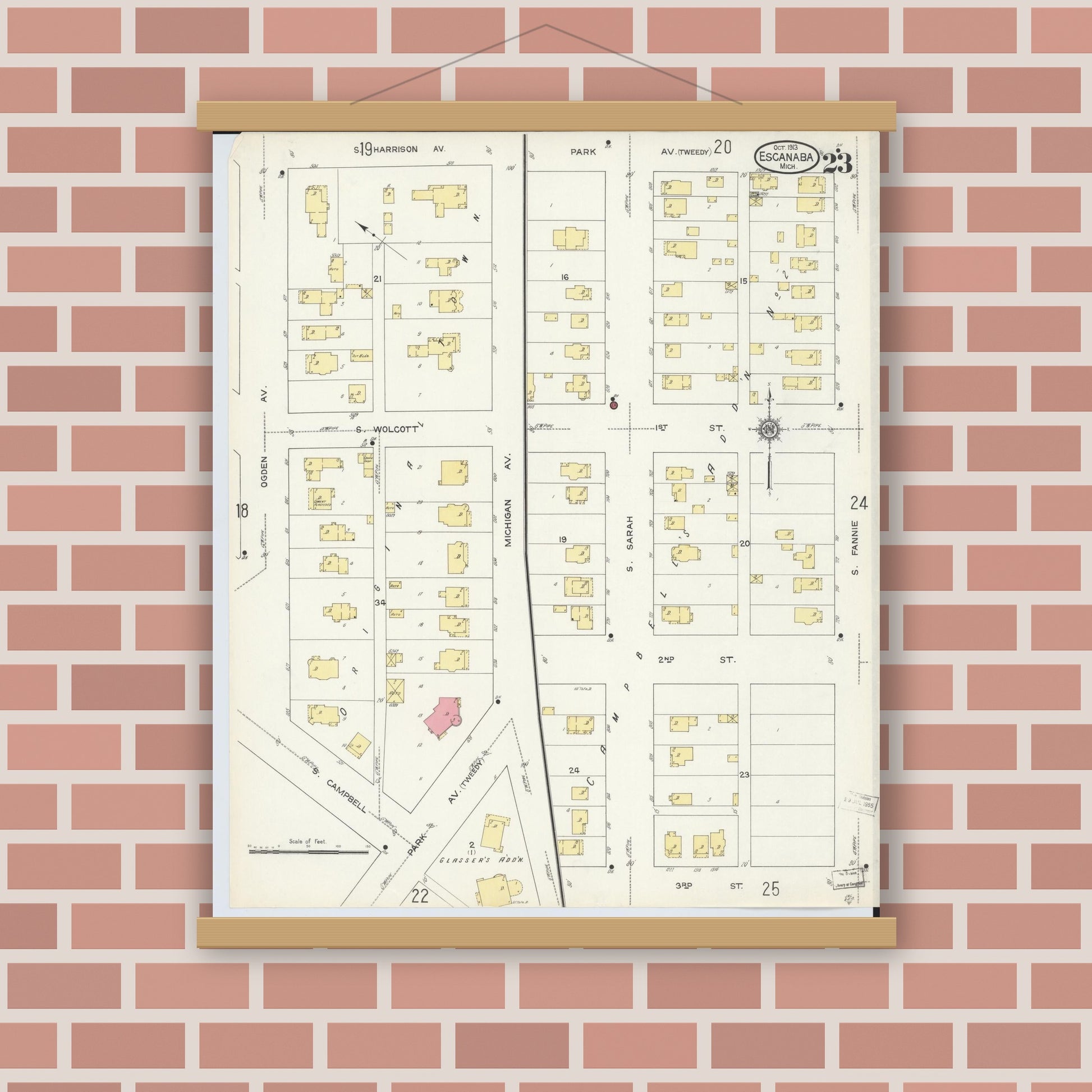Old map wall art mockup — magnetic wood frame on brick wall — Sanborn Fire Insurance Map from Escanaba, Delta County, Michigan (1913), Sheet #0023