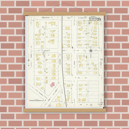 Old map wall art mockup — magnetic wood frame on brick wall — Sanborn Fire Insurance Map from Escanaba, Delta County, Michigan (1913), Sheet #0023