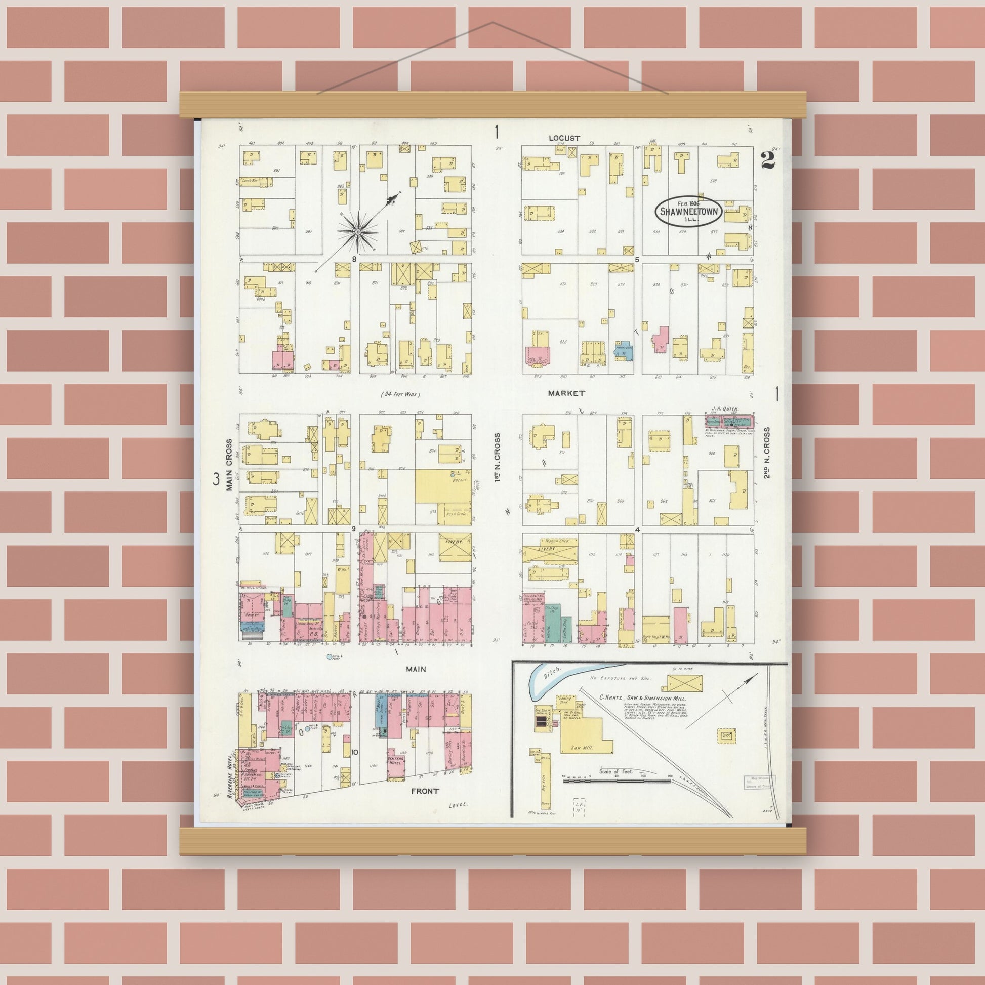 Old map wall art mockup — magnetic wood frame on brick wall — Sanborn Fire Insurance Map from Shawneetown, Gallatin County, Illinois (1906), Sheet #0002
