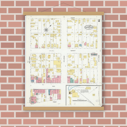 Old map wall art mockup — magnetic wood frame on brick wall — Sanborn Fire Insurance Map from Shawneetown, Gallatin County, Illinois (1906), Sheet #0002