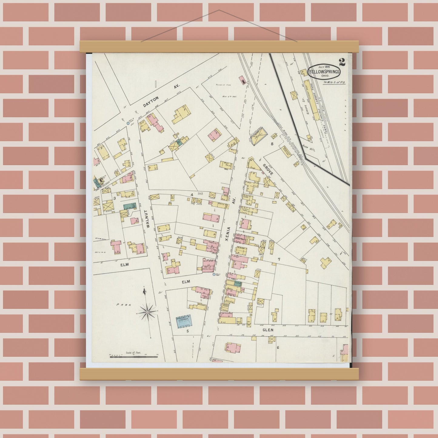 Old map wall art mockup — magnetic wood frame on brick wall — Sanborn Fire Insurance Map from Yellow Springs, Greene County, Ohio (1895), Sheet #0002