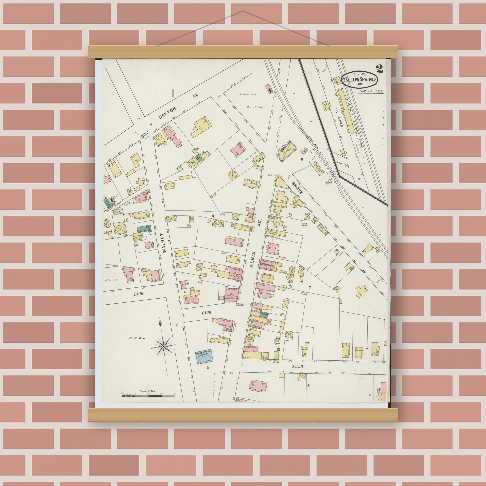 Old map wall art mockup — magnetic wood frame on brick wall — Sanborn Fire Insurance Map from Yellow Springs, Greene County, Ohio (1895), Sheet #0002