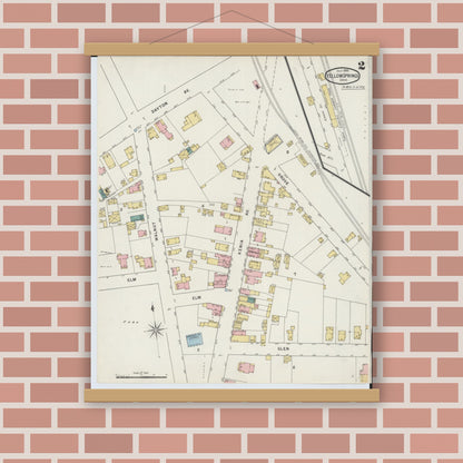 Old map wall art mockup — magnetic wood frame on brick wall — Sanborn Fire Insurance Map from Yellow Springs, Greene County, Ohio (1895), Sheet #0002