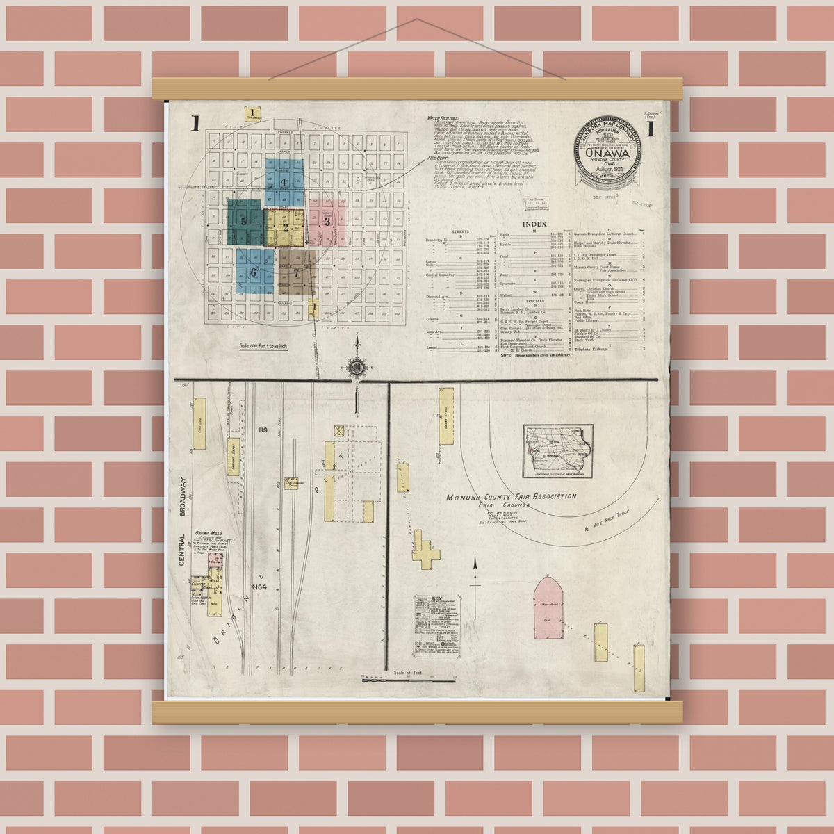 Old map wall art mockup — magnetic wood frame on brick wall — Sanborn Fire Insurance Map from Onawa, Monona County, Iowa (1924) â€” Complete Set
