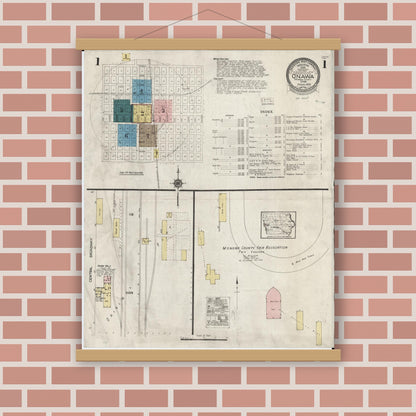 Old map wall art mockup — magnetic wood frame on brick wall — Sanborn Fire Insurance Map from Onawa, Monona County, Iowa (1924) â€” Complete Set