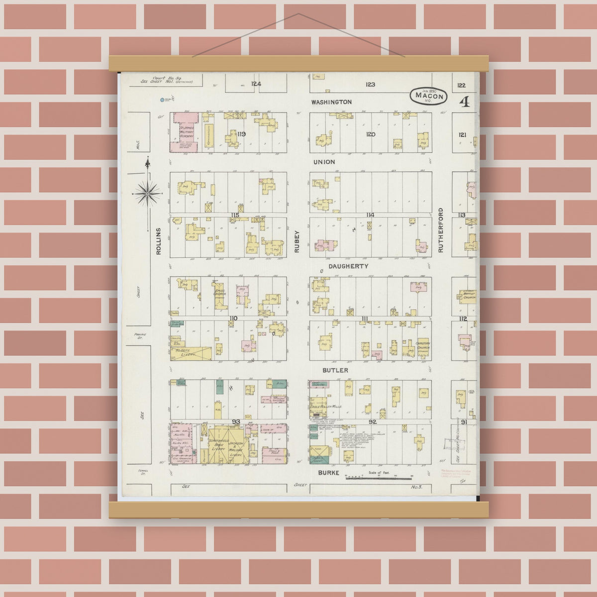 Old map wall art mockup — magnetic wood frame on brick wall — Sanborn Fire Insurance Map from Macon, Macon County, Missouri (1890), Sheet #0004