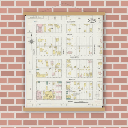 Old map wall art mockup — magnetic wood frame on brick wall — Sanborn Fire Insurance Map from Macon, Macon County, Missouri (1890), Sheet #0004