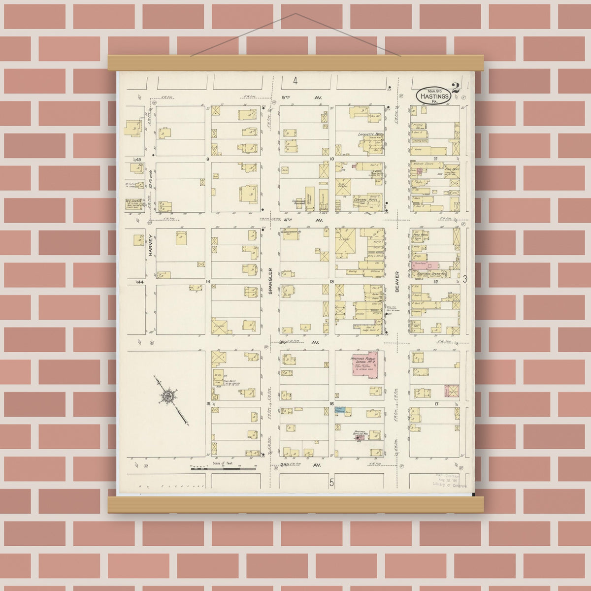 Old map wall art mockup — magnetic wood frame on brick wall — Sanborn Fire Insurance Map from Hastings, Cambria County, Pennsylvania (1915), Sheet #0002