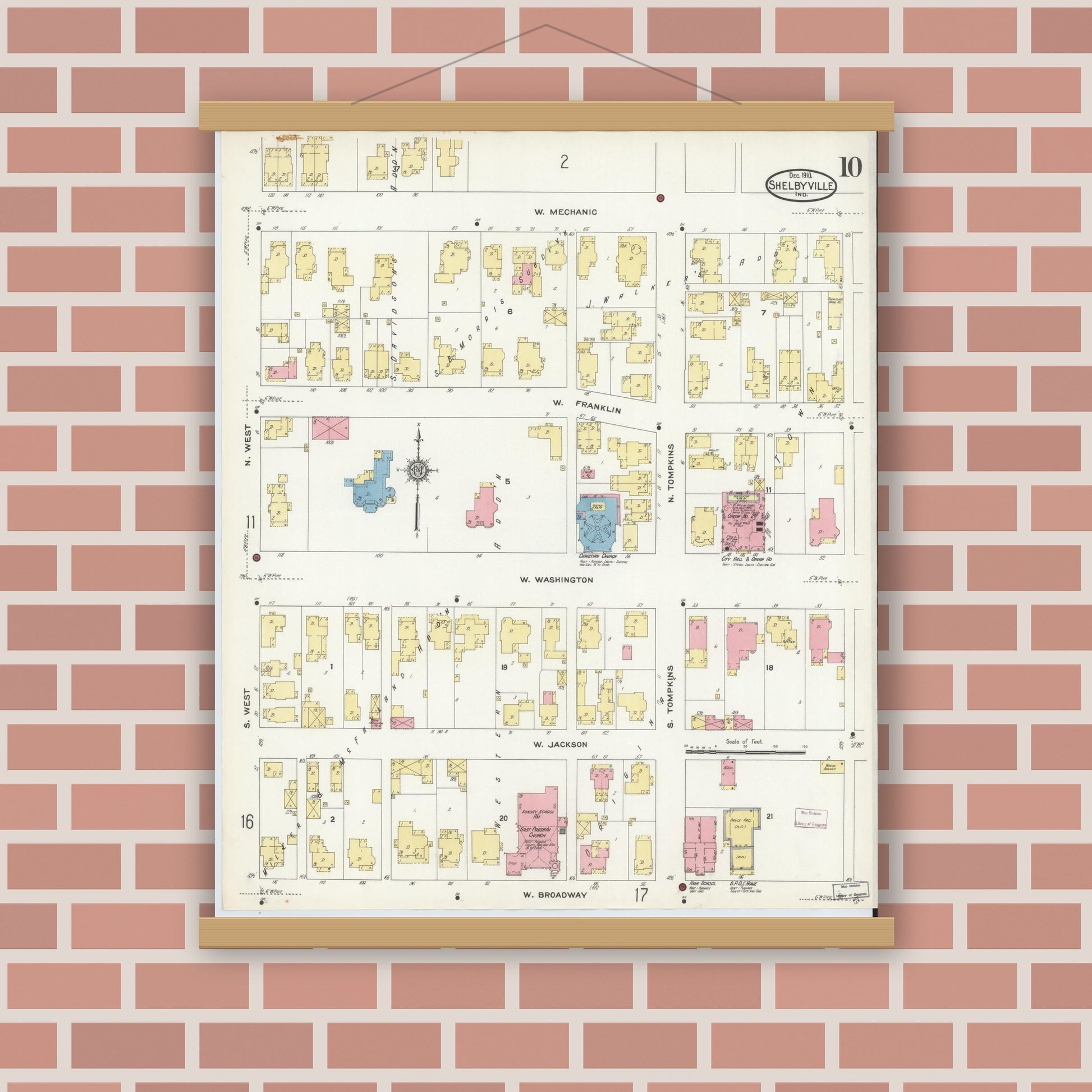 Old map wall art mockup — magnetic wood frame on brick wall — Sanborn Fire Insurance Map from Shelbyville, Shelby County, Indiana (1910), Sheet #0010