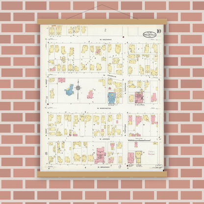 Old map wall art mockup — magnetic wood frame on brick wall — Sanborn Fire Insurance Map from Shelbyville, Shelby County, Indiana (1910), Sheet #0010