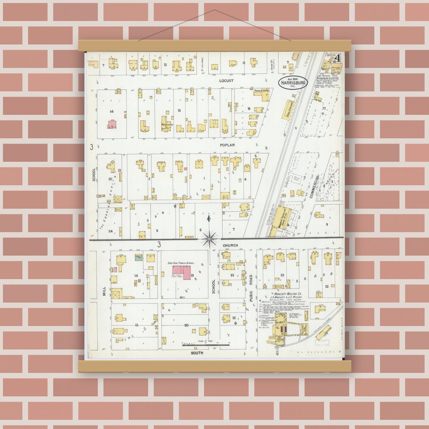 Old map wall art mockup — magnetic wood frame on brick wall — Sanborn Fire Insurance Map from Harrisburg, Saline County, Illinois (1900), Sheet #0004